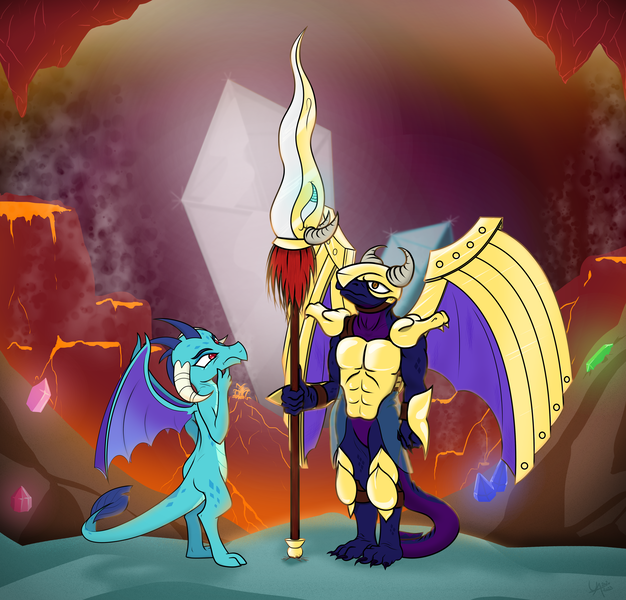 Size: 4800x4600 | Tagged: safe, artist:underwoodart, derpibooru import, princess ember, dragon, original species, g4, armor, artificial wings, augmented, cave, cavern, dragon lands, dragon lord ember, gem, gem cave, gemstones, golden armor, image, lava, mechanical wing, png, spear, weapon, wings