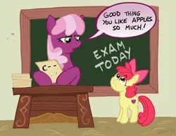 Size: 1280x989 | Tagged: safe, artist:henbe, derpibooru import, apple bloom, cheerilee, earth pony, pony, g4, apple, apple bloom's bow, bow, chalkboard, classroom, desk, dialogue, exam, female, filly, foal, food, hair bow, image, jpeg, mare, speech bubble, that pony sure does love apples