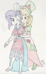 Size: 880x1400 | Tagged: safe, artist:bageloftime, derpibooru import, applejack, rarity, human, equestria girls, g4, clothes, dress, duo, female, gala dress, holiday, humanized, image, jpeg, lesbian, long dress, long skirt, rarijack, shipping, skirt, traditional art, valentine, valentine's day