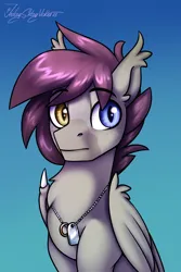 Size: 2000x3000 | Tagged: safe, artist:jedayskayvoker, derpibooru import, oc, oc:gem breaker, unofficial characters only, bat pony, hybrid, pegasus, pony, bust, chest fluff, cute, ear fluff, eyebrows, gradient background, headshot commission, heterochromia, high res, hybrid oc, hybrid wings, icon, image, jewelry, looking at you, male, png, portrait, ring, slit pupils, solo, stallion, wings