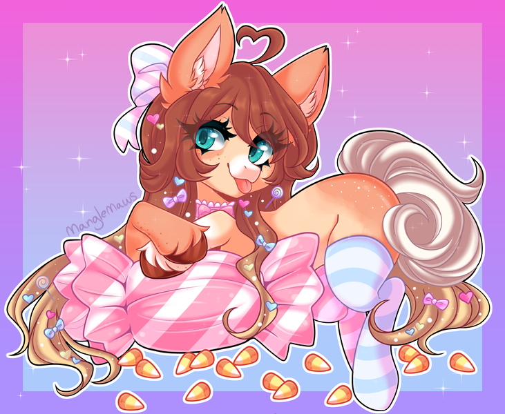 Size: 2208x1813 | Tagged: safe, artist:manglemaws, derpibooru import, oc, oc:candy apple, unofficial characters only, earth pony, pony, :p, ahoge, bow, bowtie, candy, clothes, coat markings, colored hooves, ear fluff, eye clipping through hair, female, food, freckles, hair bow, image, mare, mismatched socks, png, simple background, socks, solo, striped socks, tongue out, unshorn fetlocks