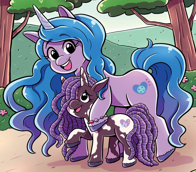 Size: 934x817 | Tagged: safe, artist:shauna j. grant, derpibooru import, edit, idw, izzy moonbow, violette rainbow, pony, unicorn, g5, spoiler:comic, spoiler:g5, spoiler:g5comic, spoiler:g5comic14, bracelet, coat markings, cropped, dreadlocks, duo, duo female, eyebrows, eyebrows visible through hair, female, filly, foal, image, jewelry, jpeg, mare, pinto, side hug, violettebetes, vitiligo