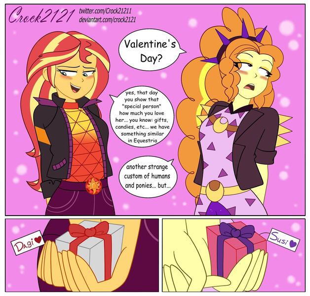 Size: 1280x1222 | Tagged: safe, artist:crock2121, derpibooru import, adagio dazzle, sunset shimmer, human, equestria girls, g4, blushing, duo, duo female, equestria girls specials, female, geode of empathy, holiday, image, jpeg, lesbian, magical geodes, music festival outfit, my little pony equestria girls: better together, my little pony equestria girls: sunset's backstage pass, present, ship:sunsagio, shipping, simple background, smiling, valentine's day