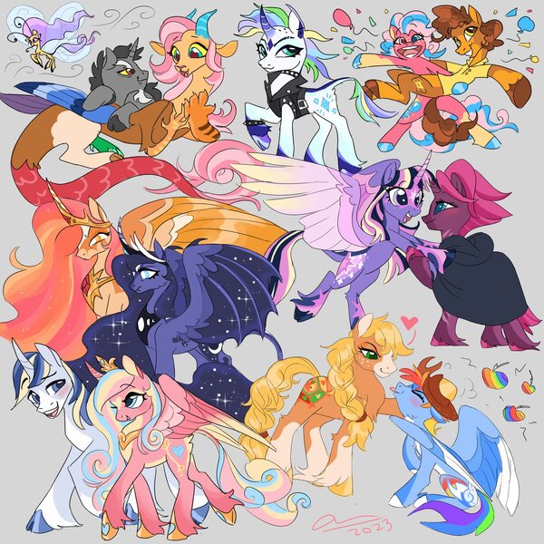 Size: 2000x2000 | Tagged: safe, artist:creeate97, derpibooru import, applejack, cheese sandwich, discord, fluttershy, pinkie pie, princess cadance, princess celestia, princess luna, rainbow dash, rarity, shining armor, tempest shadow, twilight sparkle, ponified, alicorn, breezie, classical unicorn, draconequus, earth pony, pegasus, pony, unicorn, g4, alternate cutie mark, alternate design, alternate hairstyle, apple, appledash, balloon, blushing, butt fluff, chest fluff, cloven hooves, coat markings, colored horn, cowboy hat, curved horn, draconequified, female, flying, food, gray background, hat, heart, high res, horn, hybrid wings, image, jewelry, jpeg, leonine tail, lesbian, looking at you, mane six, older, older applejack, older rainbow dash, punk, raripunk, regalia, royal sisters, shipping, siblings, simple background, sisters, socks (coat marking), species swap, tongue out, twitterina design, unshorn fetlocks, wings, zap apple