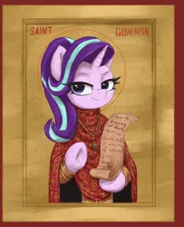 Size: 1735x2135 | Tagged: safe, artist:t72b, derpibooru import, starlight glimmer, pony, unicorn, g4, christianity, clothes, cross, cross necklace, eye clipping through hair, eyebrows, female, fine art parody, halo, historical roleplay starlight, holiday, hoof hold, ikon, image, jewelry, looking at you, mare, necklace, orthodox, png, raised hoof, robe, saint, smiling, smiling at you, solo, valentine's day