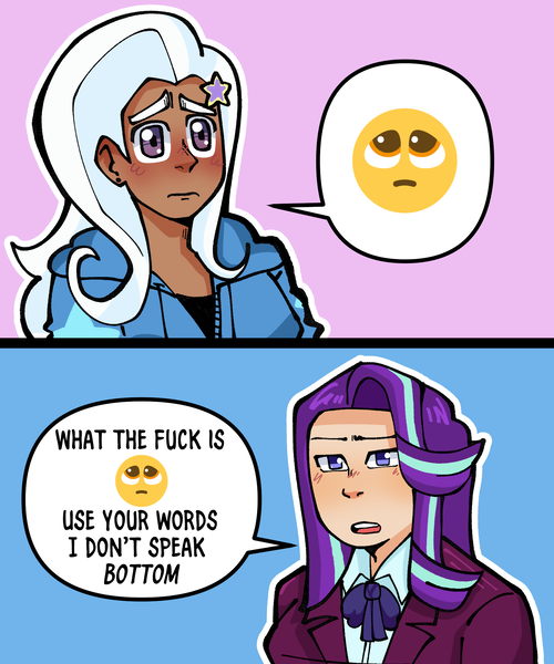 Size: 1667x2000 | Tagged: safe, artist:binturita, derpibooru import, starlight glimmer, trixie, human, equestria girls, g4, emoji, female, humanized, i don't speak bottom, image, lesbian, meme, pleading, png, shipping, startrix, vulgar, 🥺