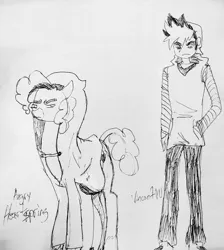 Size: 846x945 | Tagged: safe, artist:vinny, derpibooru import, oc, oc:generic messy hair anime anon, oc:heartspring, earth pony, human, angry, image, jpeg, pen drawing, pen sketch, traditional art