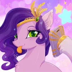 Size: 2048x2048 | Tagged: safe, artist:qwennondeathdie, derpibooru import, pipp petals, pegasus, pony, g5, :p, adorapipp, blushing, crown, cute, ear fluff, eye clipping through hair, eyebrows, female, heart, high res, image, jewelry, jpeg, looking at you, mare, mobile phone, phone, regalia, selfie, smiling, smiling at you, solo, starry eyes, stars, tiara, tongue out, unshorn fetlocks, wingding eyes