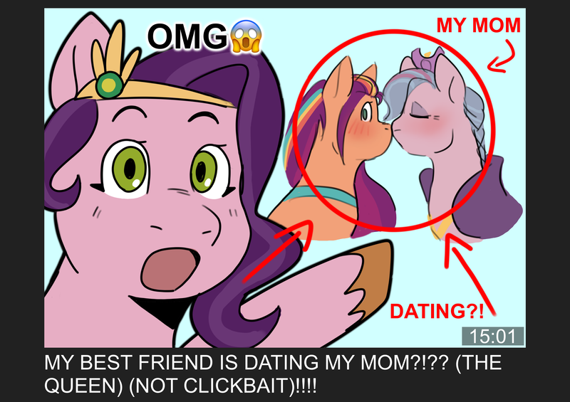 Size: 4132x2919 | Tagged: safe, artist:daisy_marshmallow, derpibooru import, pipp petals, queen haven, sunny starscout, earth pony, pegasus, pony, g5, blushing, clickbait, colored sketch, derpibooru exclusive, fake thumbnail, female, image, kissing, lesbian, looking at you, mane stripe sunny, meme, png, poggers, ship:sunnyhaven, shipping, sketch, text, trio, trio female, youtube, youtube thumbnail