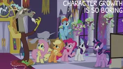 Size: 2000x1125 | Tagged: safe, derpibooru import, edit, edited screencap, editor:quoterific, screencap, applejack, discord, fluttershy, pinkie pie, rainbow dash, rarity, spike, twilight sparkle, twilight sparkle (alicorn), alicorn, pony, g4, the summer sun setback, breaking the fourth wall, butt, canterlot castle, fourth wall, image, mane seven, mane six, plot, png, statue, twibutt