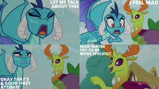 Size: 2000x1125 | Tagged: safe, derpibooru import, edit, edited screencap, editor:quoterific, screencap, princess ember, spike, thorax, changedling, changeling, dragon, g4, triple threat, image, king thorax, png