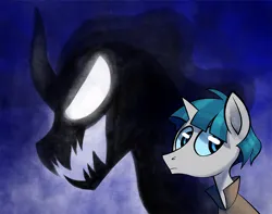 Size: 900x709 | Tagged: safe, artist:joeparraallen, derpibooru import, pony of shadows, stygian, pony, shadow pony, unicorn, g4, abstract background, duo, evil, evil grin, glow, glowing eyes, grin, image, jpeg, male, sharp teeth, smiling, stallion, teeth