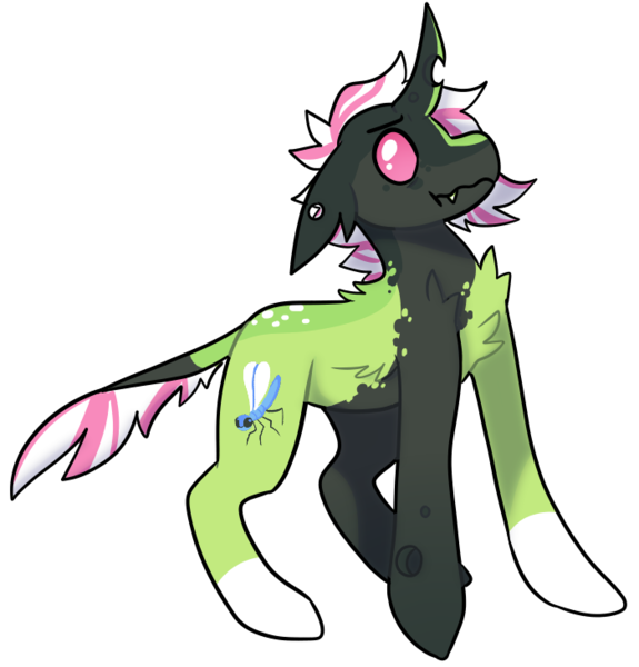 Size: 700x730 | Tagged: safe, artist:catastrophyte, derpibooru import, oc, unofficial characters only, changeling, hybrid, pony, :t, changeling hybrid, coat markings, cutie mark, full body, green coat, horn, image, looking sideways, pink mane, pink sclera, png, pony hybrid, simple background, socks (coat marking), solo, spotted, tail, transparent background, two toned mane, two toned tail, white mane, white pupils