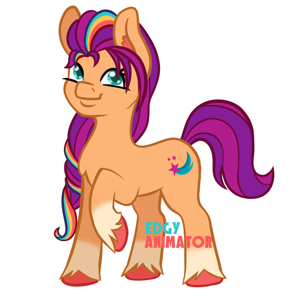 Size: 2000x2000 | Tagged: safe, artist:edgyanimator, derpibooru import, sunny starscout, earth pony, pony, g5, coat markings, cute, ear fluff, female, firealpaca, green eyes, high res, image, looking at you, mane stripe sunny, mare, markings, orange coat, png, purple hair, raised hoof, simple, simple background, smiling, smiling at you, socks (coat marking), solo, sunnybetes, unshorn fetlocks, white background