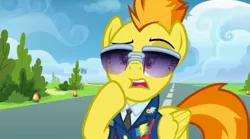 Size: 2153x1196 | Tagged: safe, derpibooru import, screencap, spitfire, g4, top bolt, clothes, drill sergeant, female, image, jpeg, necktie, palindrome get, spitfire's tie, suit, sunglasses, uniform, wonderbolts dress uniform