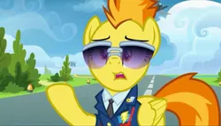 Size: 2115x1208 | Tagged: safe, derpibooru import, screencap, spitfire, pegasus, pony, g4, top bolt, clothes, drill sergeant, female, image, jpeg, necktie, spitfire's tie, suit, sunglasses, uniform, wonderbolts dress uniform