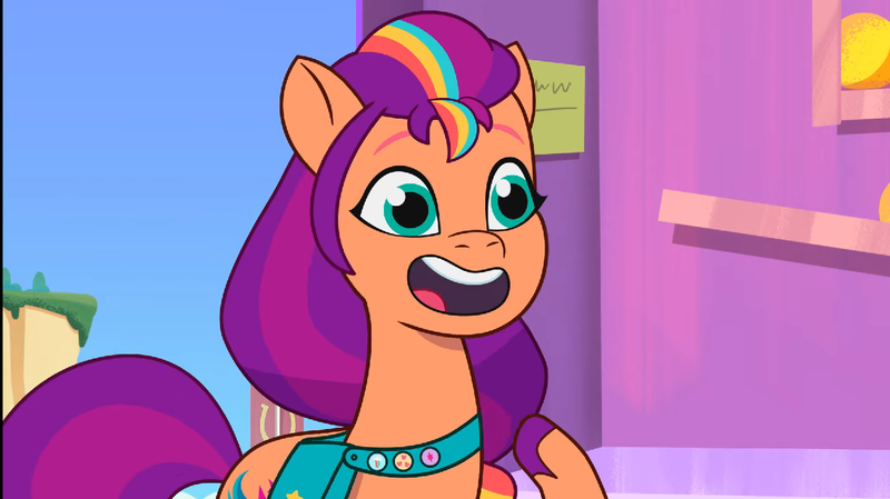 Size: 1282x720 | Tagged: safe, derpibooru import, screencap, sunny starscout, pony, g5, my little pony: tell your tale, spoiler:g5, spoiler:my little pony: tell your tale, spoiler:tyts02e19, cute, female, image, mane stripe sunny, mare, open mouth, png, smiling, solo, sunnybetes, the dream team delight