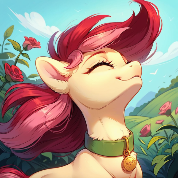 Size: 1024x1024 | Tagged: safe, ai content, derpibooru import, machine learning generated, prompter:doom9454, stable diffusion, roseluck, pony, bust, collar, cute, eyes closed, flower, fluffy, generator:pony diffusion v6 xl, image, pet tag, png, pony pet, portrait, rose, rosepet, smiling, wind, windswept mane