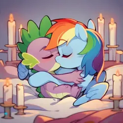 Size: 480x480 | Tagged: safe, ai content, derpibooru import, machine learning generated, prompter:hollaholla69, rainbow dash, spike, dragon, pony, g4, bed, candle, duo, female, image, jpeg, kissing, male, ship:rainbowspike, shipping, straight