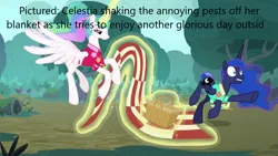 Size: 1280x720 | Tagged: safe, derpibooru import, edit, edited screencap, screencap, princess celestia, princess luna, alicorn, pony, between dark and dawn, g4, caption, downvote bait, image, image macro, op is a duck, png, text