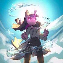 Size: 539x540 | Tagged: safe, artist:haku nichiya, derpibooru import, twilight sparkle, anthro, unicorn, g4, abstract background, black sclera, clothes, cloud, female, glow, glowing eyes, horn, image, jpeg, lab coat, magic, solo, water