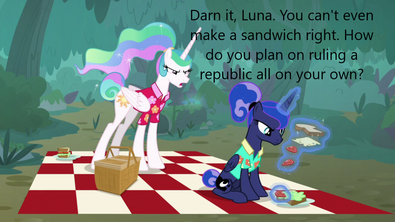 Size: 1280x720 | Tagged: safe, derpibooru import, edit, edited screencap, screencap, princess celestia, princess luna, alicorn, pony, derpibooru, g4, caption, food, image, image macro, meta, png, sandwich, text