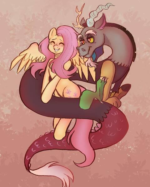 Size: 1440x1800 | Tagged: safe, artist:eadekki, derpibooru import, discord, fluttershy, draconequus, pegasus, pony, g4, blushing, discoshy, duo, female, hug, hug from behind, image, jpeg, long tail, male, shipping, smiling, straight, tail