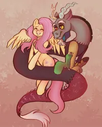 Size: 1440x1800 | Tagged: safe, artist:eadekki, derpibooru import, discord, fluttershy, draconequus, pegasus, pony, g4, blushing, discoshy, duo, female, hug, hug from behind, image, jpeg, long tail, male, shipping, smiling, straight, tail