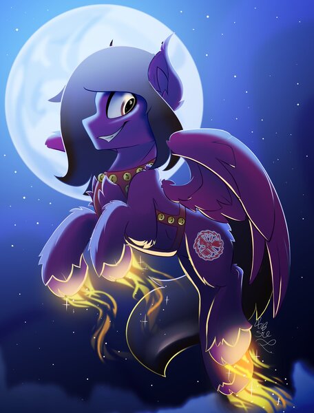 Size: 1556x2047 | Tagged: safe, artist:starcasteclipse, derpibooru import, ponified, pegasus, pony, bell, chest fluff, commission, ear fluff, flying, glow, grin, image, jpeg, looking at you, male, moon, night, night sky, outdoors, pierce the veil, sky, smiling, solo, spread wings, stallion, stars, unshorn fetlocks, vic fuentes, wings, ych result