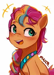 Size: 1401x1920 | Tagged: safe, artist:maren, derpibooru import, sunny starscout, earth pony, pony, g5, bust, cute, female, image, jpeg, mane stripe sunny, mare, open mouth, portrait, simple background, smiling, solo, sunnybetes, white background