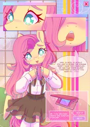 Size: 2480x3508 | Tagged: safe, artist:musicfirewind, derpibooru import, fluttershy, pegasus, pony, semi-anthro, g4, aesthetics, arm hooves, bronybait, clothes, dress, high res, image, jpeg, looking at you, nintendo, nintendo ds, open mouth, smiling, smiling at you, solo, speech bubble, talking, talking to viewer, webcore, white pupils