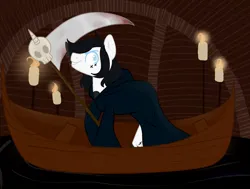 Size: 1325x1000 | Tagged: safe, artist:orcabunnies, derpibooru import, oc, unofficial characters only, earth pony, pony, boat, candle, cloak, clothes, costume, grim reaper, image, jpeg, scythe, solo