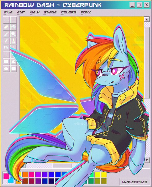 Size: 1589x1944 | Tagged: safe, artist:musicfirewind, derpibooru import, rainbow dash, pegasus, pony, semi-anthro, g4, aesthetics, arm hooves, clothes, cyberpunk, eyes closed, image, jpeg, open mouth, solo, webcore