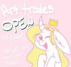 Size: 1600x1500 | Tagged: safe, artist:orcabunnies, derpibooru import, oc, oc:rosey mae, unofficial characters only, hybrid, original species, pony, unicorn, big ears, crown, curved horn, floppy ears, heart, heart eyes, horn, image, jewelry, jpeg, long ears, looking at you, one eye closed, open mouth, open smile, rabbit pony, regalia, smiling, solo, wingding eyes, wink, winking at you