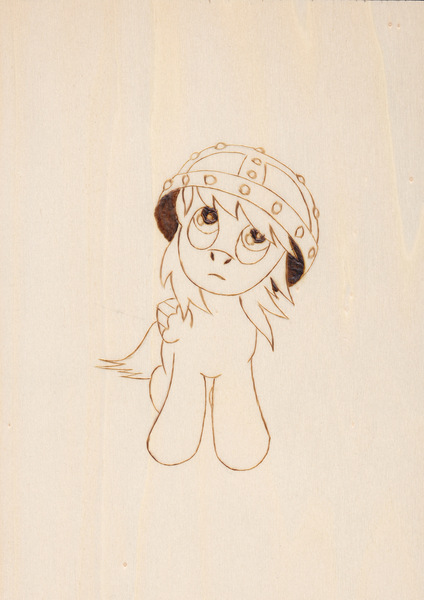 Size: 3401x4809 | Tagged: safe, artist:malte279, derpibooru import, oc, oc:leafhelm, pony, craft, head tilt, helmet, image, jpeg, pyrography, traditional art, wip