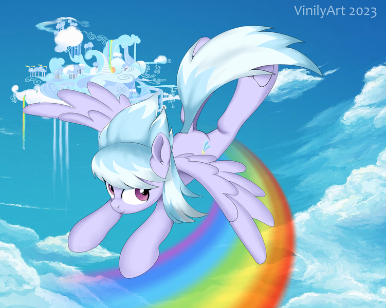 Size: 2612x2087 | Tagged: safe, artist:vinilyart, derpibooru import, cloudchaser, pegasus, pony, g4, cloud, cloudsdale, cute, cutechaser, dock, female, flying, frog (hoof), high res, image, jpeg, looking at you, mare, outdoors, rainbow, sky, smiling, smiling at you, solo, spread wings, tail, underhoof, wings