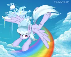 Size: 2612x2087 | Tagged: safe, artist:vinilyart, derpibooru import, cloudchaser, pegasus, pony, g4, cloud, cloudsdale, cute, cutechaser, dock, female, flying, frog (hoof), high res, image, jpeg, looking at you, mare, outdoors, rainbow, sky, smiling, smiling at you, solo, spread wings, tail, underhoof, wings