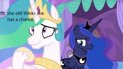 Size: 1280x720 | Tagged: safe, derpibooru import, edit, edited screencap, screencap, princess celestia, princess luna, alicorn, pony, derpibooru, between dark and dawn, g4, caption, downvote bait, image, image macro, meta, op is a duck, png, text