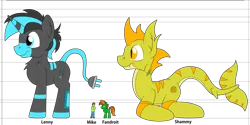 Size: 1261x633 | Tagged: safe, artist:fandroit, derpibooru import, oc, oc:fandroit, oc:lenny light, oc:mike, oc:shammy, unofficial characters only, monster pony, pony, unicorn, blue eyes, horn, image, looking to the left, macro, macro/micro, micro, png, side view, sideways glance, simple background, size comparison, size difference, slit pupils, transparent background, unicorn oc, yellow coat, yellow eyes