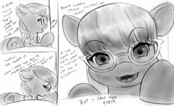 Size: 1142x699 | Tagged: safe, artist:alloyrabbit, derpibooru import, silver spoon, earth pony, pony, g4, blushing, cough, coughing, cute, cute little fangs, fangs, glasses, grayscale, image, implied diamond tiara, jpeg, looking at you, macro, macro/micro, maw, mawshot, micro, monochrome, open mouth, secret, sigh, talking to viewer, tiny, tiny ponies