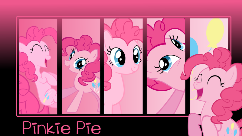 Size: 1920x1080 | Tagged: safe, artist:mlpwallpapermaker, derpibooru import, pinkie pie, earth pony, pony, g4, cutie mark, eyes closed, female, gradient background, image, laughing, looking at you, mare, name, open mouth, open smile, png, smiling, solo, wallpaper