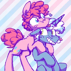 Size: 588x588 | Tagged: safe, artist:artflicker, derpibooru import, pinkie pie, pokey pierce, earth pony, pony, unicorn, g4, bipedal, bipedal leaning, bubble berry, dithering, floating heart, gay, grin, half r63 shipping, heart, hoof on shoulder, image, leaning, male, png, rule 63, ship:pokeyberry, ship:pokeypie, shipping, smiling, stallion, striped background, tongue out