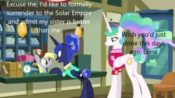 Size: 1280x720 | Tagged: safe, derpibooru import, edit, edited screencap, screencap, derpy hooves, princess celestia, princess luna, alicorn, pegasus, pony, derpibooru, between dark and dawn, g4, caption, cash register, image, image macro, jpeg, meta, post office, text