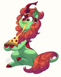 Size: 600x757 | Tagged: safe, artist:scarlet-spectrum, derpibooru import, oc, oc:spring glow, unofficial characters only, kirin, pony, commission, eating, female, food, image, kirin oc, mare, pizza, png, signature, simple background, solo, watermark, white background, ych result