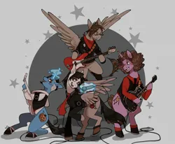 Size: 2018x1659 | Tagged: safe, artist:lexiwomble, derpibooru import, ponified, earth pony, pegasus, pony, unicorn, bass guitar, clothes, electric guitar, emo, flying, frank iero, gerard way, glasses, glow, glowing horn, group, guitar, hoof hold, horn, image, jacket, jpeg, leather, leather jacket, makeup, male, microphone, mikey way, musical instrument, my chemical romance, necktie, ray toro, scarf, shoes, spread wings, stallion, vest, wings