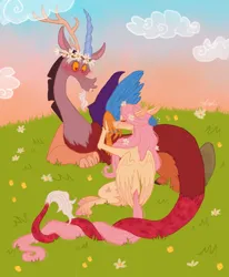 Size: 540x655 | Tagged: safe, artist:heebiejeebies, derpibooru import, discord, fluttershy, pony, g4, blushing, cloud, discoshy, female, floral head wreath, flower, flower in hair, hand kiss, heart, heart eyes, image, long tail, male, meadow, png, shipping, sky, straight, tail, wingding eyes