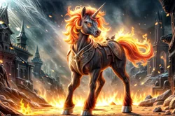 Size: 2048x1360 | Tagged: safe, ai content, derpibooru import, machine learning generated, oc, oc:ominous glow, unofficial characters only, pony, unicorn, antagonist, canterlot, destruction, fire, horn, image, male, png, smoke, solo, stallion, unicorn horn