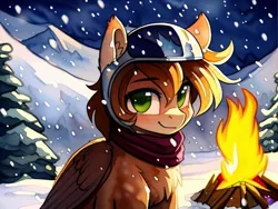 Size: 768x576 | Tagged: safe, ai content, derpibooru import, machine learning generated, stable diffusion, oc, oc:leafhelm, pegasus, pony, campfire, clothes, generator:purplesmart.ai, helmet, image, jpeg, mountain, mountain range, scarf, snow, snowfall, winter