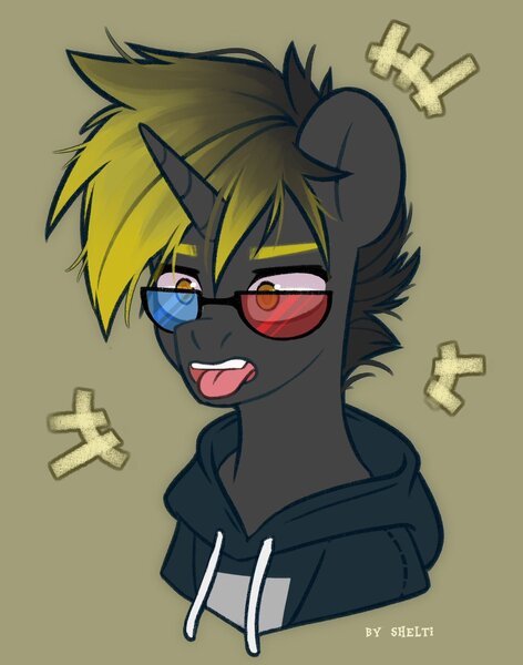 Size: 943x1200 | Tagged: safe, artist:shelti, derpibooru import, oc, unofficial characters only, pony, unicorn, 3d glasses, bust, clothes, colored pupils, commission, gradient mane, hoodie, horn, image, jpeg, male, open mouth, simple background, solo, stallion, tongue out, yellow background