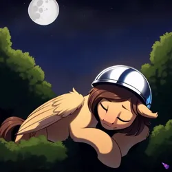 Size: 672x672 | Tagged: safe, ai content, derpibooru import, machine learning generated, stable diffusion, oc, oc:leafhelm, pegasus, pony, full moon, generator:purplesmart.ai, helmet, image, jpeg, moon, night, sleeping, sleeping on a tree